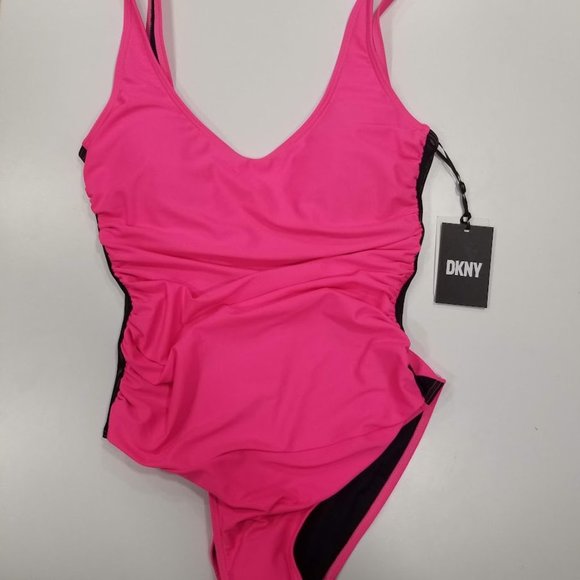 DKNY Neon Pink Ruched Mesh-Contrast One-Piece Swimsuit Size 8 - Picture 6 of 12